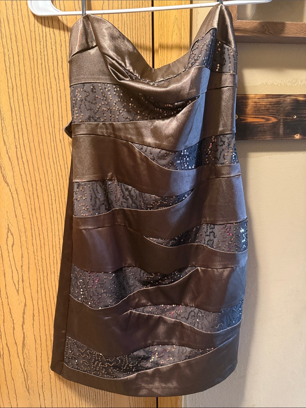 Iz Byer Strapless Brown Satin Dress with Sequin Wave Panels